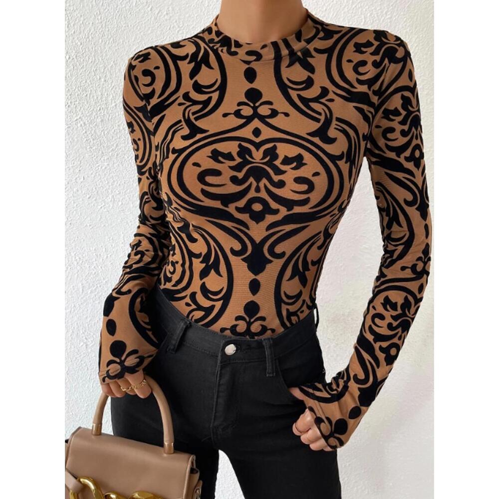 Elegant Black and Brown Patterned Bodysuit
